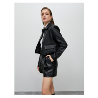 Koton Faux Leather Jacket Crop Flap Pocket Buttoned