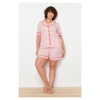 Trendyol Curve Pink Strawberry Patterned Shirt Collar Knitted Pajamas Set