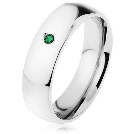 Zrcadlově lesklý prsten z oceli, stříbrná barva, drobný tmavě zelený zirkon Šperky eshop