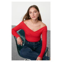 Trendyol Red Slim Carmen Collar Ribbed Stretchy Knitted Bodysuit with Snap Fasteners