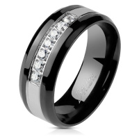 Ocelový prsten v černo-stříbrném odstínu - pás z čirých zirkonů, 8 mm