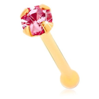 Zlatý 585 piercing do nosu, rovný - blýskavý zirkonek růžové barvy, 1,5 mm