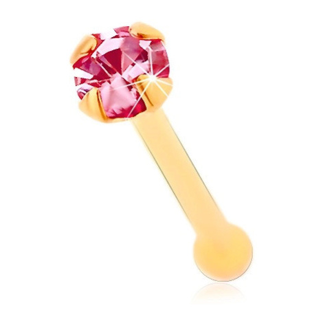 Zlatý 585 piercing do nosu, rovný - blýskavý zirkonek růžové barvy, 1,5 mm Šperky eshop