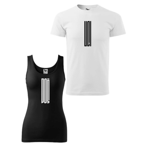 DOBRÝ TRIKO Tílko a tričko pro pár s potiskem POŠ-UCI Barva: Bílé pánské tričko + Černé dámské t