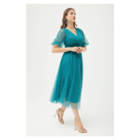 Lafaba Women's Turquoise Balloon Sleeve Silvery Evening Dress
