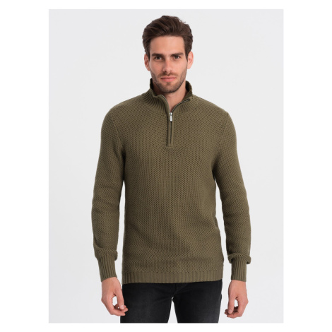 Ombre Men's knitted sweater with spread collar - olive