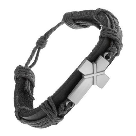 Kožený náramek černé barvy, patinovaný kříž s překříženými pásky Šperky eshop
