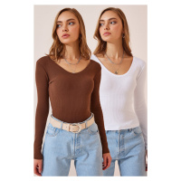Happiness İstanbul Women's Brown White V-Neck 2-Pack Knitted Blouse