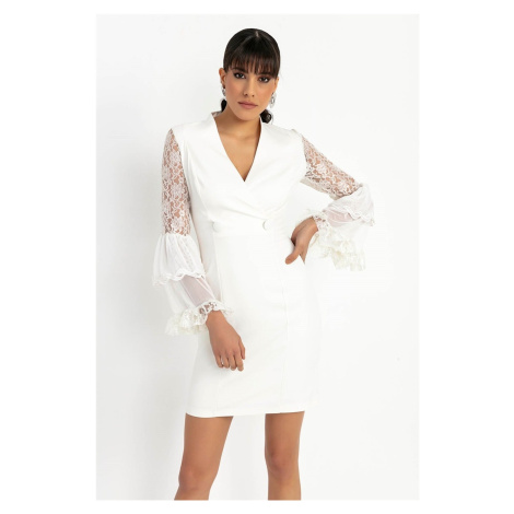 By Saygı Double-breasted Collar Button Detailed Sleeves Lace Lined Lycra Dress Wide Size Range E