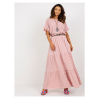 Světle růžová maxi sukně s volánkem a páskem