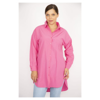 Şans Women's Plus Size Pink Poplin Fabric Front Buttons and Side Slits Tunic