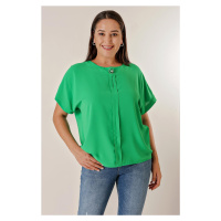 By Saygı Plus Size Chiffon blouse with a brooch collar and a fly down the front. Short Bat Sleev