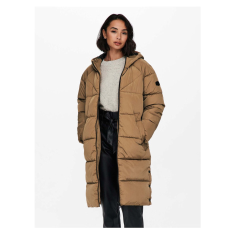 Světle hnědý dámský dlouhý prošívaný zimní kabát s kapucí ONLY Amanda - Dámské