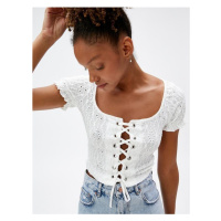 Koton Crop T-Shirt Embroidered Front Tie Detail Short Sleeve Frilly