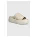 Kožené pantofle Calvin Klein FLATFORM SLIDE LTH dámské, béžová barva, na platformě, HW0HW01943