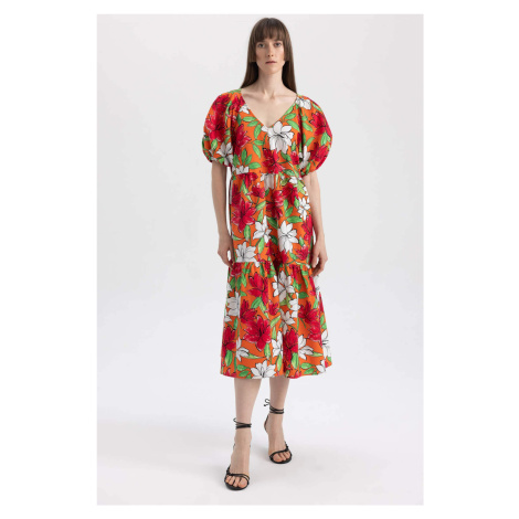 DEFACTO V-Neck Floral Poplin Raglan Sleeve Midi Short Sleeve Dress