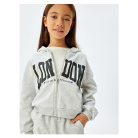 Koton Zippered Crop Sweatshirt Hooded Printed Detailed Raised