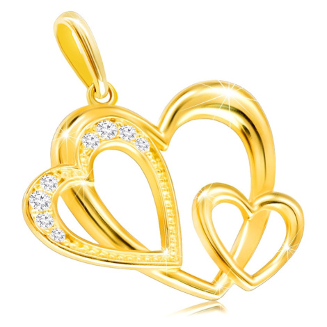 Přívěsek ve žlutém 9K zlatě - obrys tří srdcí, zirkony v čirém odstínu Šperky eshop