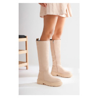 armonika Women's Beige Flr812 Thick Sole Zippered Above the Knee Riding Boots