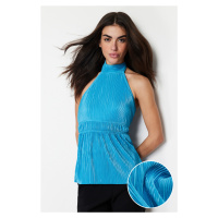Trendyol Blue Pleated Fitted/Fitted Halter Neck Knitted Blouse