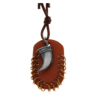 Kožený náhrdelník, přívěsky - hnědý ovál s malými kroužky a zahnutý tesák