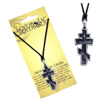 Náhrdelník - šňůrka a kovový přívěsek, ortodoxní kříž, patina