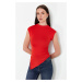 Trendyol Red High Neck Short Sleeve Gathered/Drape Detail Asymmetric Knitted Blouse