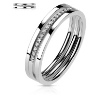 Prsten z nerezové oceli - trojitá linie, čirý zirkon, stříbrná barva