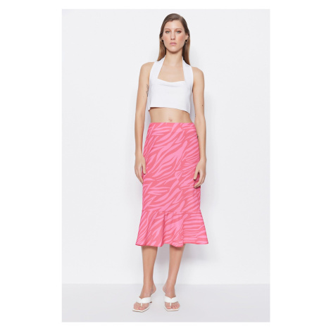 Trendyol Pink Flounce Patterned Midi Woven Skirt