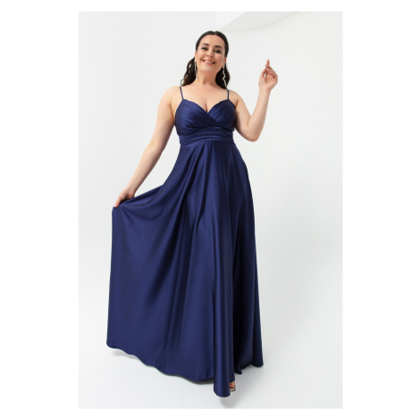 Lafaba Women's Navy Blue Rope Strap Plus Size Satin Long Evening Dress &; Graduation Dress