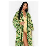 Trendyol Tropical Patterned Belted Midi Woven Kimono & Kaftan 100% Cotton with Tassels