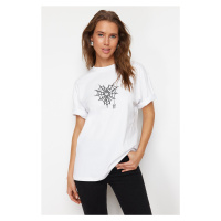 Trendyol White Premium 100% Cotton Spider Web Printed Oversize/Wide Fit Knitted T-Shirt