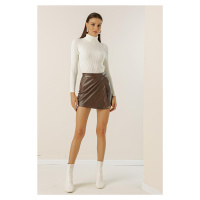 By Saygı Flared Leather Shorts Skirt with Elastic Waist