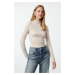 Trendyol Stone Gather Detailed High Collar Fitted/Long Sleeve Fitted Stretchy Knitted Blouse