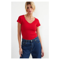 Trendyol Red Fitted Ribbed Cotton Stretch Knit Blouse