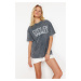 Trendyol Gray Oversize/Wide Fit Motto Printed Washed 100% Cotton Knitted T-Shirt