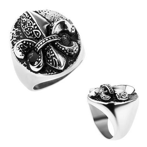 Prsten z oceli, Fleur de Lis v oválu, stříbrná barva, patina Šperky eshop