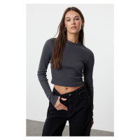 Trendyol Anthracite Washed Fitted Crop High Collar Ribbed Stretchy Knitted Blouse