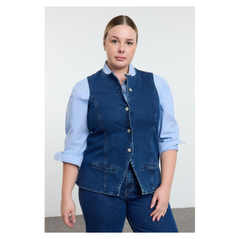 Trendyol Curve Blue Crew Neck Plus Size Denim Vest