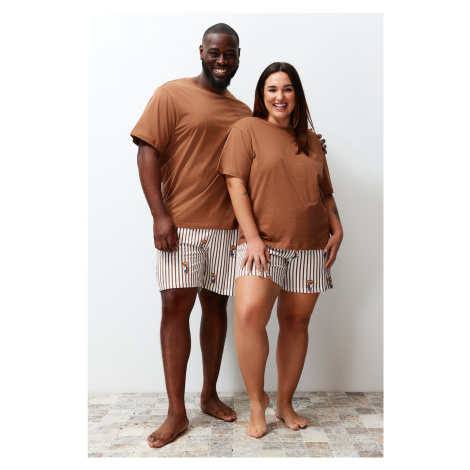 Trendyol Brown Regular Fit Teddy Bear Printed Couple Knitted Plus Size Pajama Set with Shorts