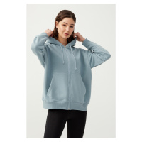 LOS OJOS Women's Blue Gray Hooded Oversize Rayon Zipper Knitted Sweatshirt.