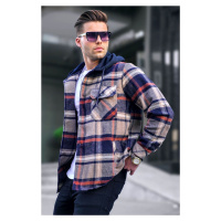 Madmext Navy Blue Hooded Plaid Lumberjack Shirt 5577