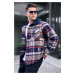 Madmext Navy Blue Hooded Plaid Lumberjack Shirt 5577