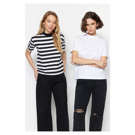 Trendyol White-Black and White Striped 2-Pack Basic Stand Up Collar Knitted T-Shirt
