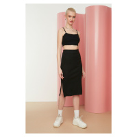 Trendyol Black With Double Slits, Fitted High Waist Ribbed Flexible Midi Knitted Skirt