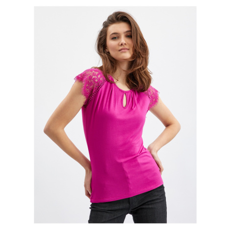 Orsay Tmavě růžové dámské tričko s krajkovým detailem - Dámské