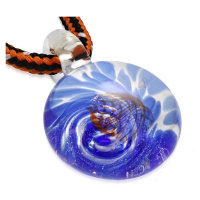 Šňůrkový náhrdelník - barvené sklo se spirálou modré barvy, oranžové vlnky