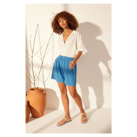 Trendyol Blue &100 Linen Elastic Waist High Waist Shorts