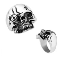 Ocelový prsten, stříbrná barva, lesklá patinovaná lebka ve stylu Terminátora