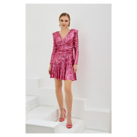 Carmen Fuchsia Sequined Long Sleeve Short Evening Dress